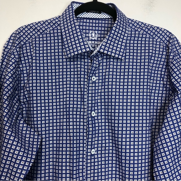 Bugatchi Blue Checkered Geometric Casual Button Down Shirt Classic Fit Size L - Picture 2 of 10